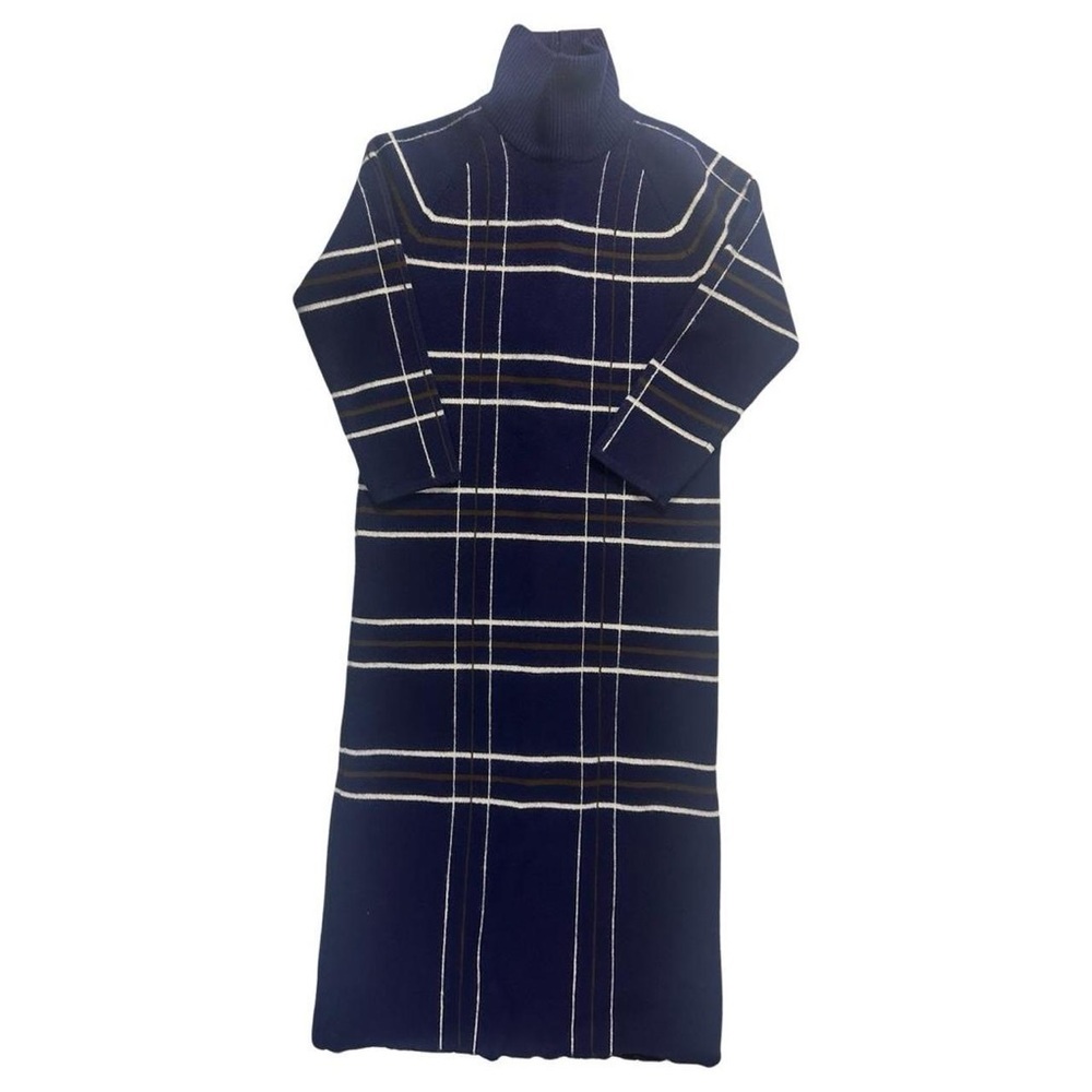 60s VINTAGE DRESS SWEATER DRESS PLAID WOOL NAVY